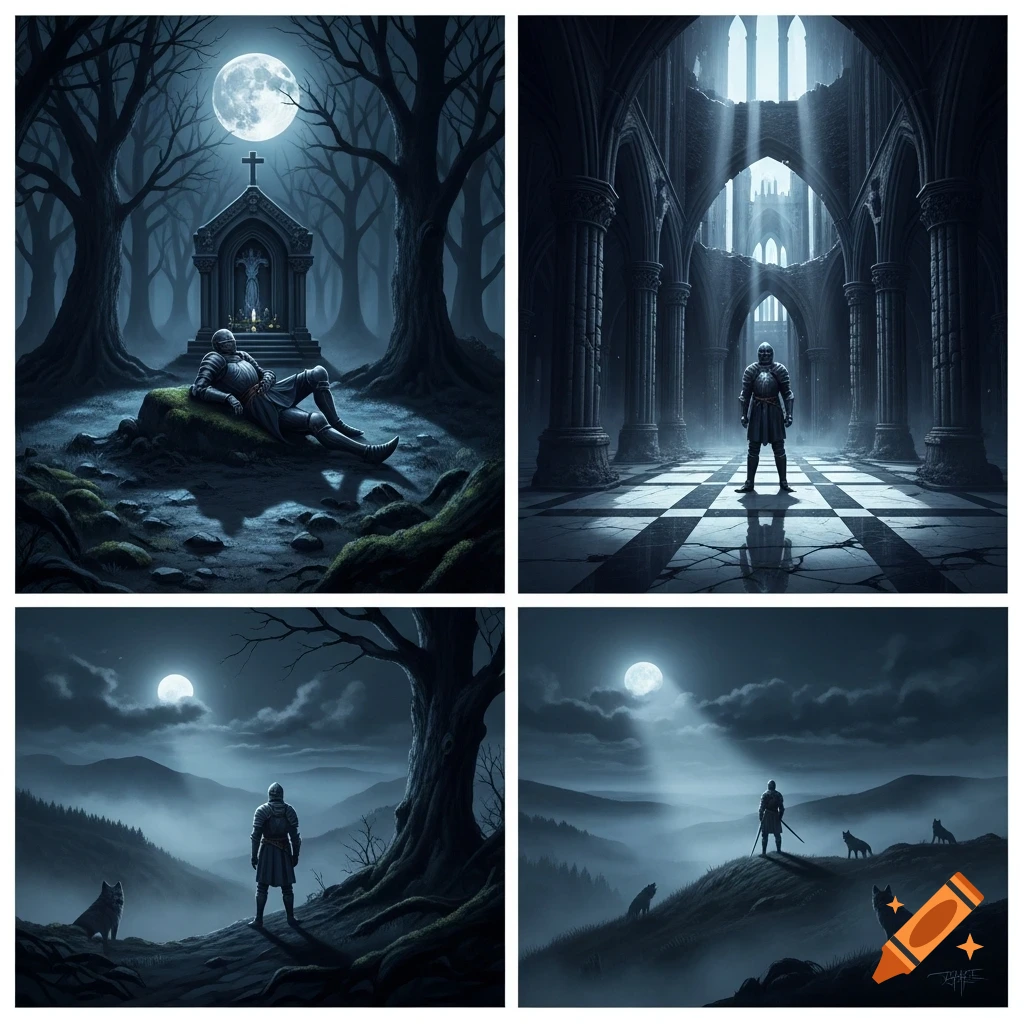 Four dark fantasy images showing a knight in moonlit settings: by a crypt, in a gothic cathedral, and in misty mountains with wolves.