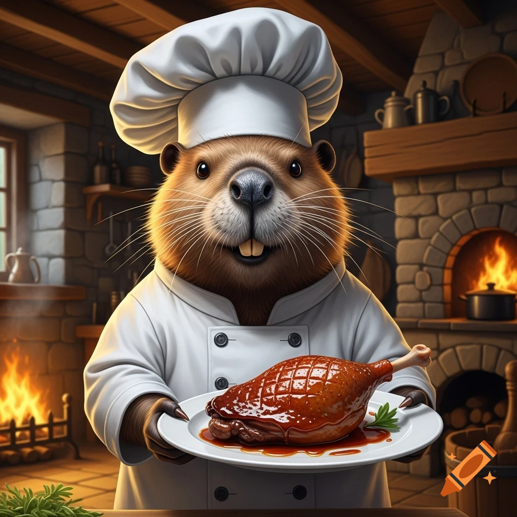A photorealistic beaver chef in a white uniform and toque holds a cooked duck leg on a plate in a rustic kitchen.