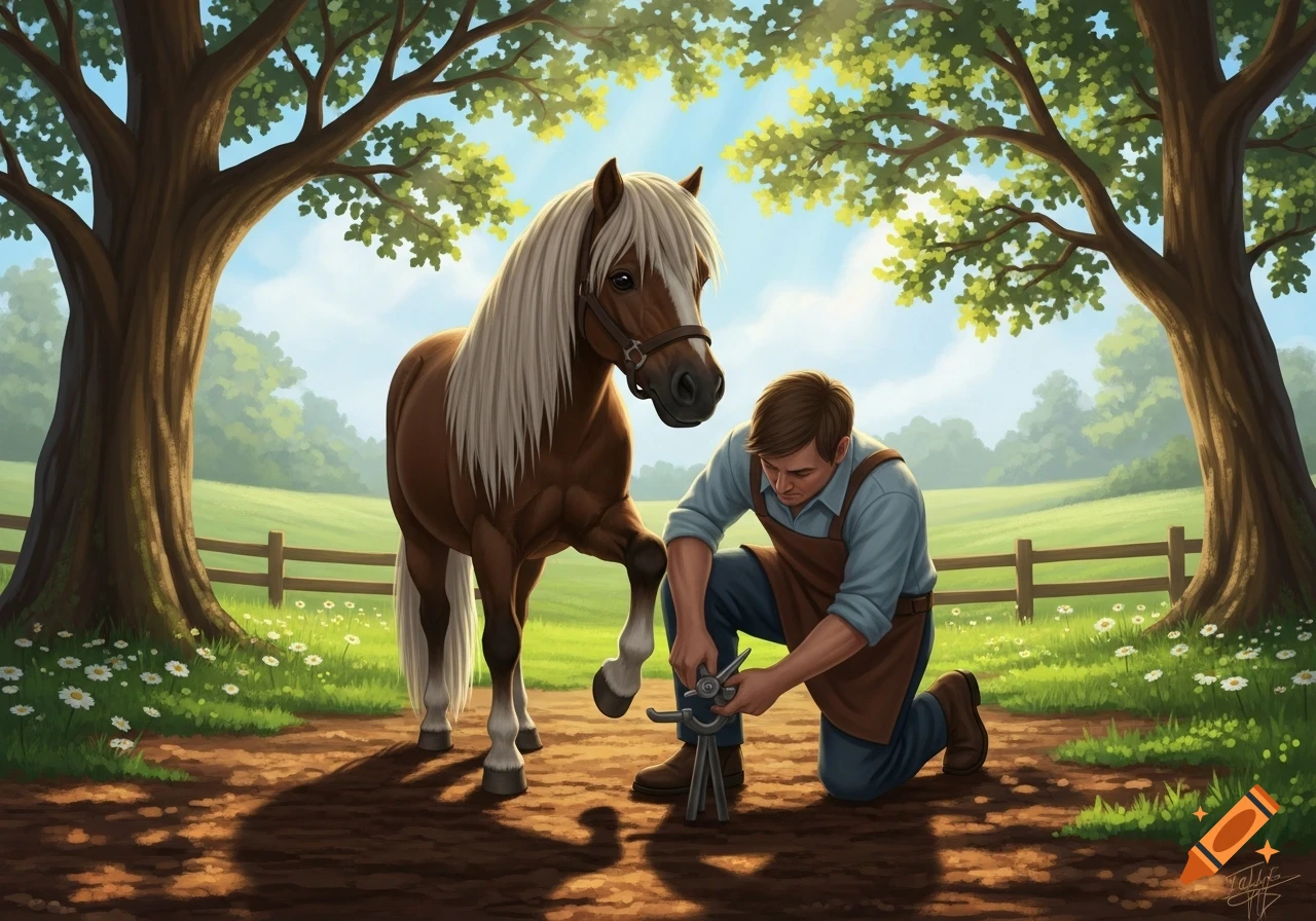 An illustration of a farrier trimming a brown Shetland pony's hooves in a sunny field under trees.