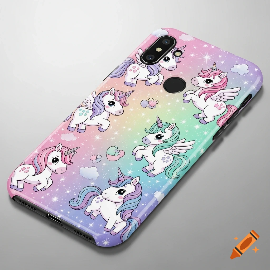 Smartphone with a colorful unicorn-themed case, featuring cute unicorn illustrations, sparkles, and pastel colors.