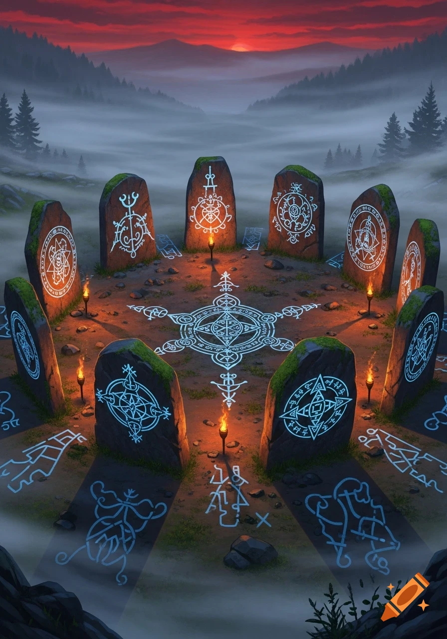 A circle of glowing runic standing stones and torches in a foggy mountain valley at sunset, with intricate magic symbols on the ground.