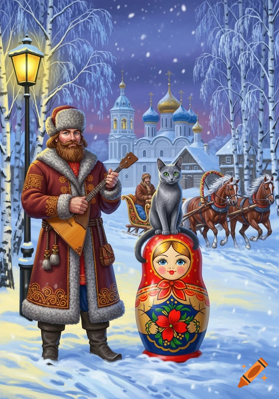 A man in traditional Russian attire plays a balalaika next to a cat on a matryoshka doll in a snowy village with a church and horse-drawn sleigh, illustration.