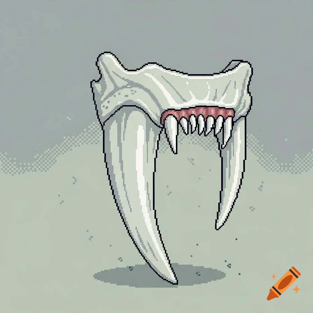 A simple pixel art illustration of a large, white saber-toothed fang and jawbone against a light grey background.