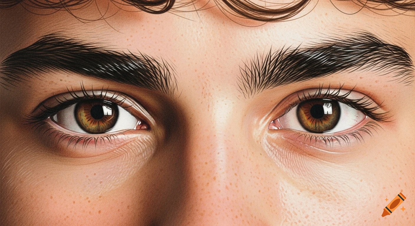 Close-up realistic drawing of a young boy's brown eyes, thick eyebrows, and freckled forehead with visible hair.