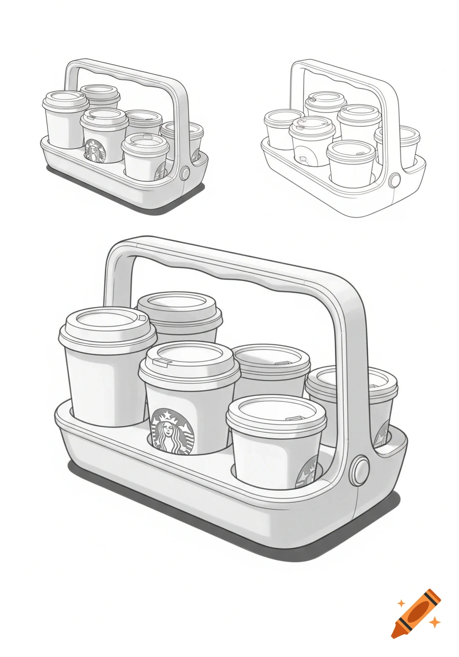 A detailed sketch of a sleek hot drink carrier holding multiple coffee cups, some with Starbucks logos.