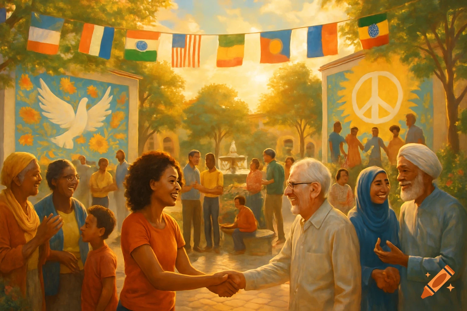 Diverse people from different cultures gather in a sunny park, shaking hands under international flags and peace symbols, celebrating unity.