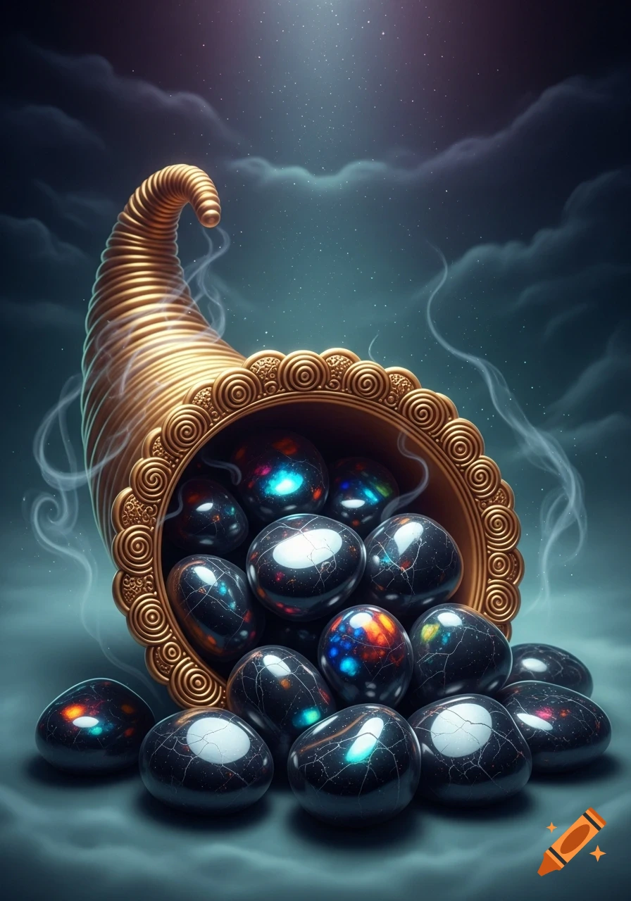 A golden, ornate cornucopia overflows with dark, cracked, glowing cosmic-looking stones amidst swirling mist under a starry night sky.