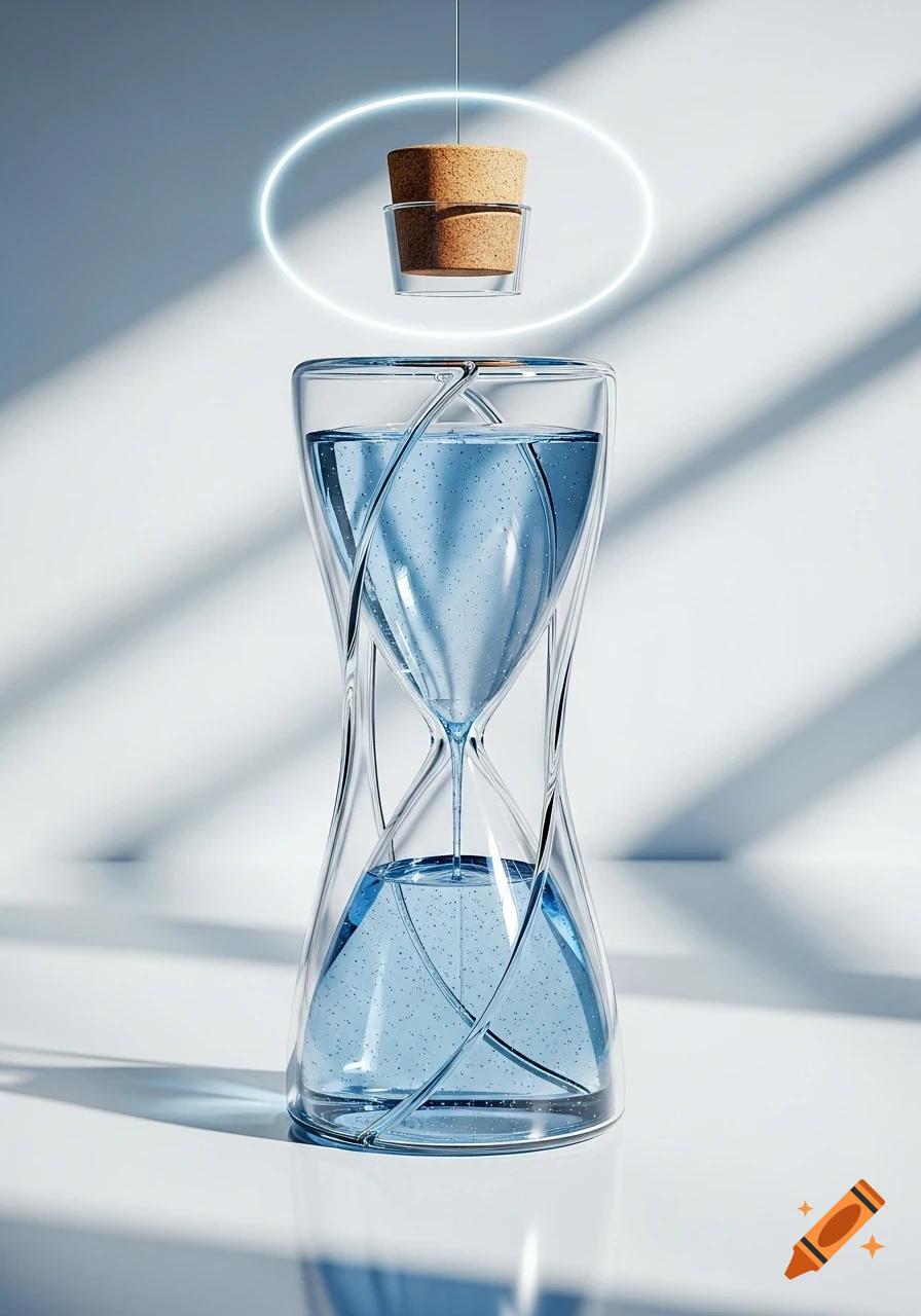 A modern glass hourglass-shaped water bottle with blue liquid, a suspended cork stopper, and glowing neon ring against a white background.