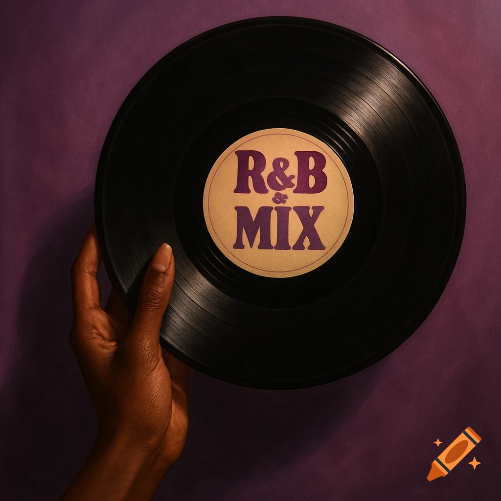 A dark-skinned hand holds a black vinyl record with a beige label that reads 'R&B & MIX' in purple, against a purple background.