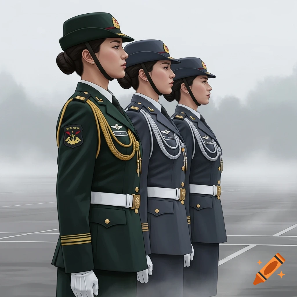 Side profile of three women in detailed green and grey military uniforms, standing in a line against a misty background.
