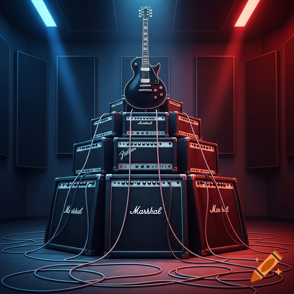 An electric guitar rests atop a large pyramid of stacked guitar amplifiers in a dark studio, lit by blue and red lights. Cables snake across the floor.