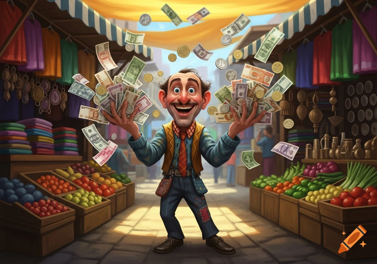 Cartoon man joyfully holds up handfuls of money amidst a bustling outdoor market with fruit and clothing stalls.
