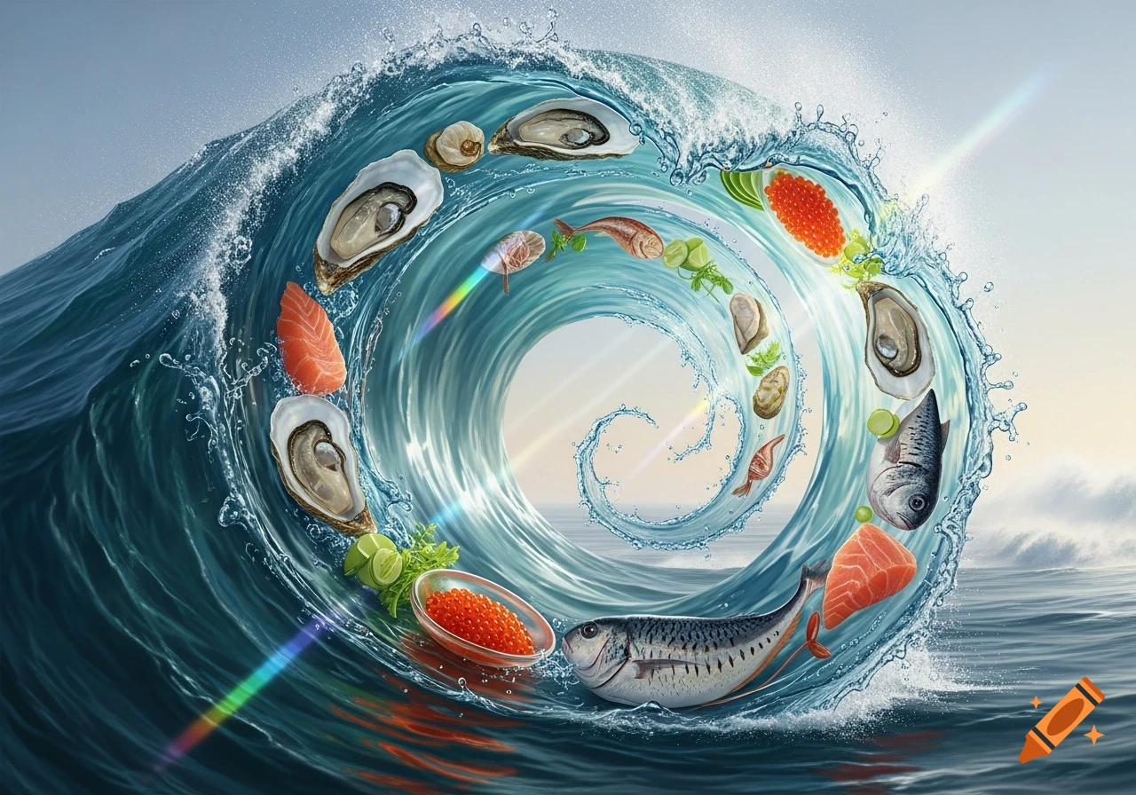 A majestic ocean wave spirals, incorporating fresh seafood like oysters, salmon, whole fish, and roe into its swirling form.