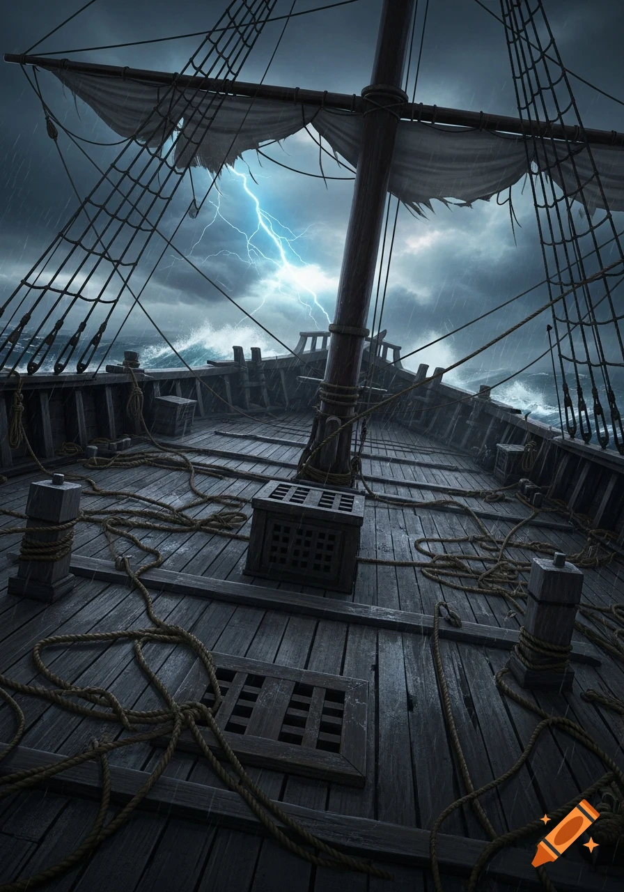 Deck of an old sailing ship in a stormy sea with dark clouds and lightning.