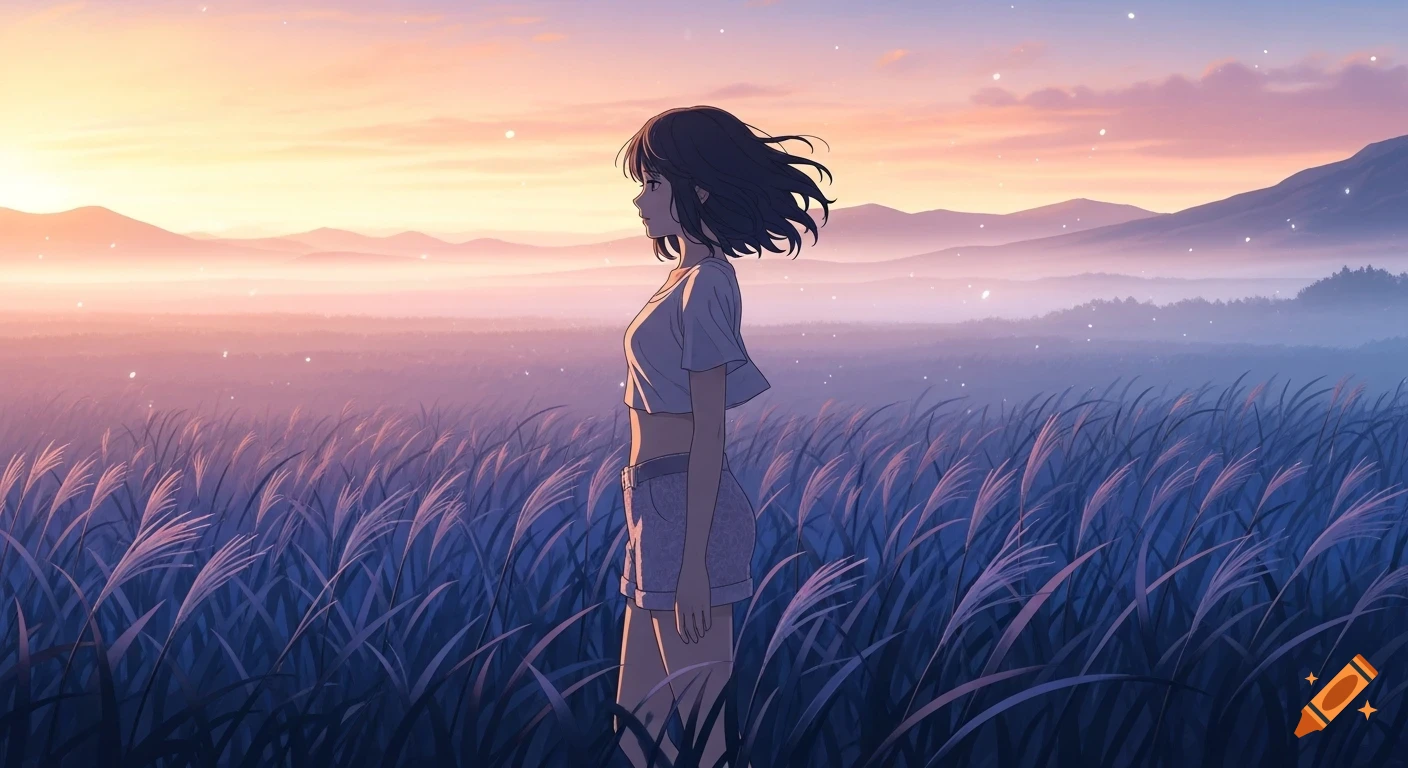 Dreamy anime scene of a young woman in a field of tall purple grass ...