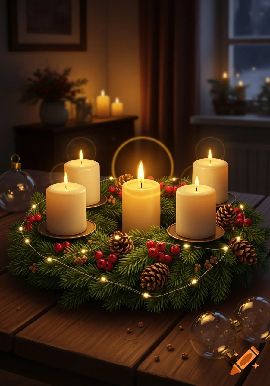 Photorealistic image of an Advent wreath with five lit candles, pinecones, and red berries on a wooden table in a warm, cozy room.
