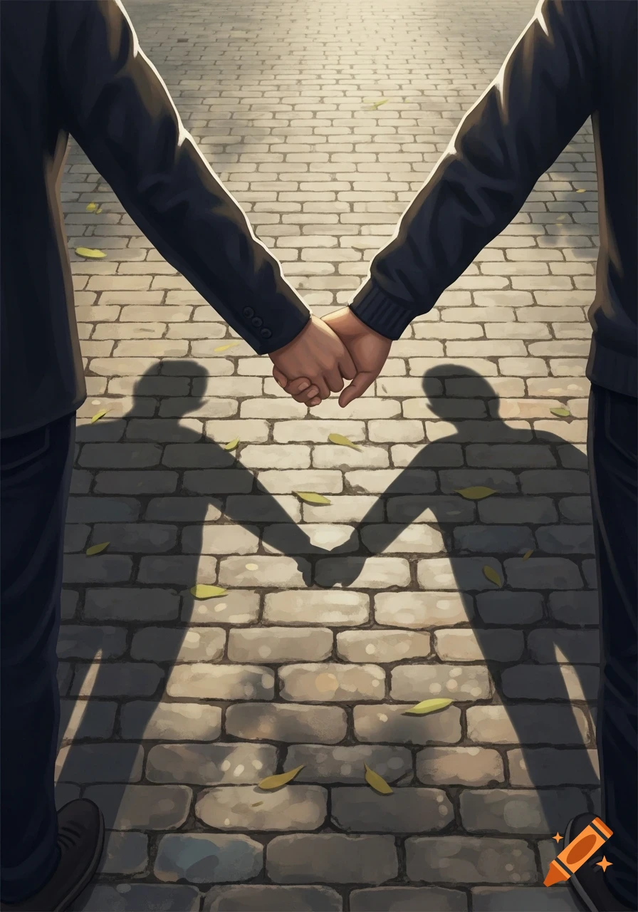 Digital illustration of two people holding hands, casting long shadows on a sunlit cobblestone path with fallen leaves.