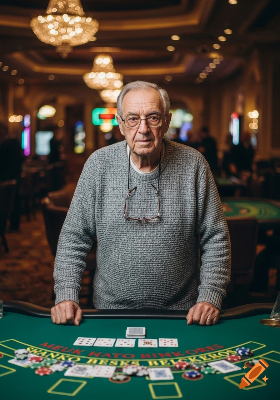 Elderly man in a grey sweater stands at a green blackjack table with cards and chips, looking directly at the viewer in a casino.