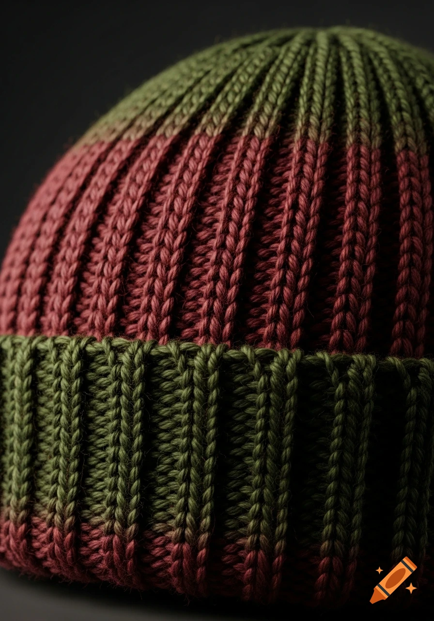 Close-up of a knit beanie hat with two-tone red and olive green yarn, showcasing the ribbed texture.