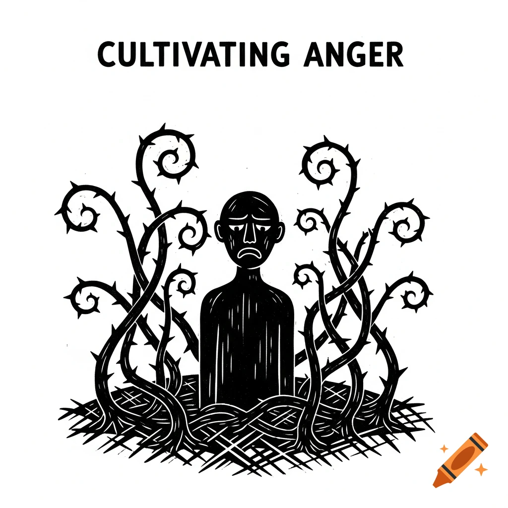 Black and white linocut illustration of a sad figure surrounded by thorny vines, with text "CULTIVATING ANGER" above.