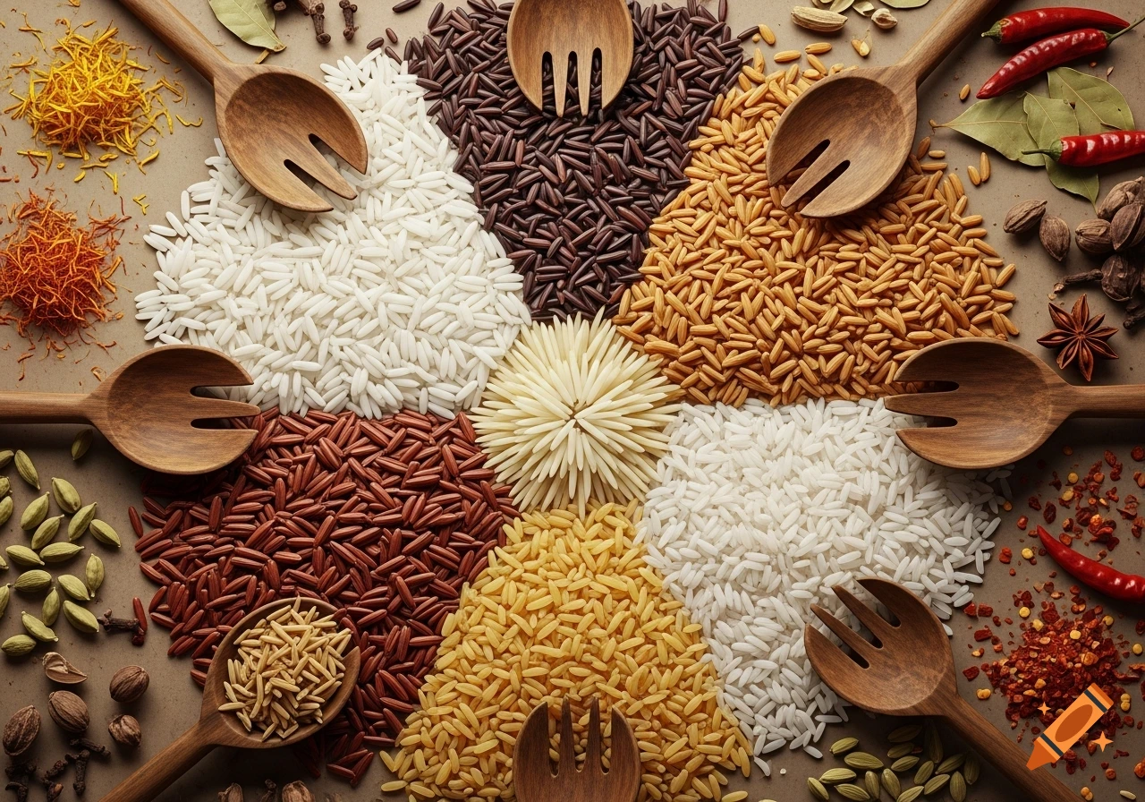 Overhead view of different types of rice and colorful spices arranged with wooden spoons.