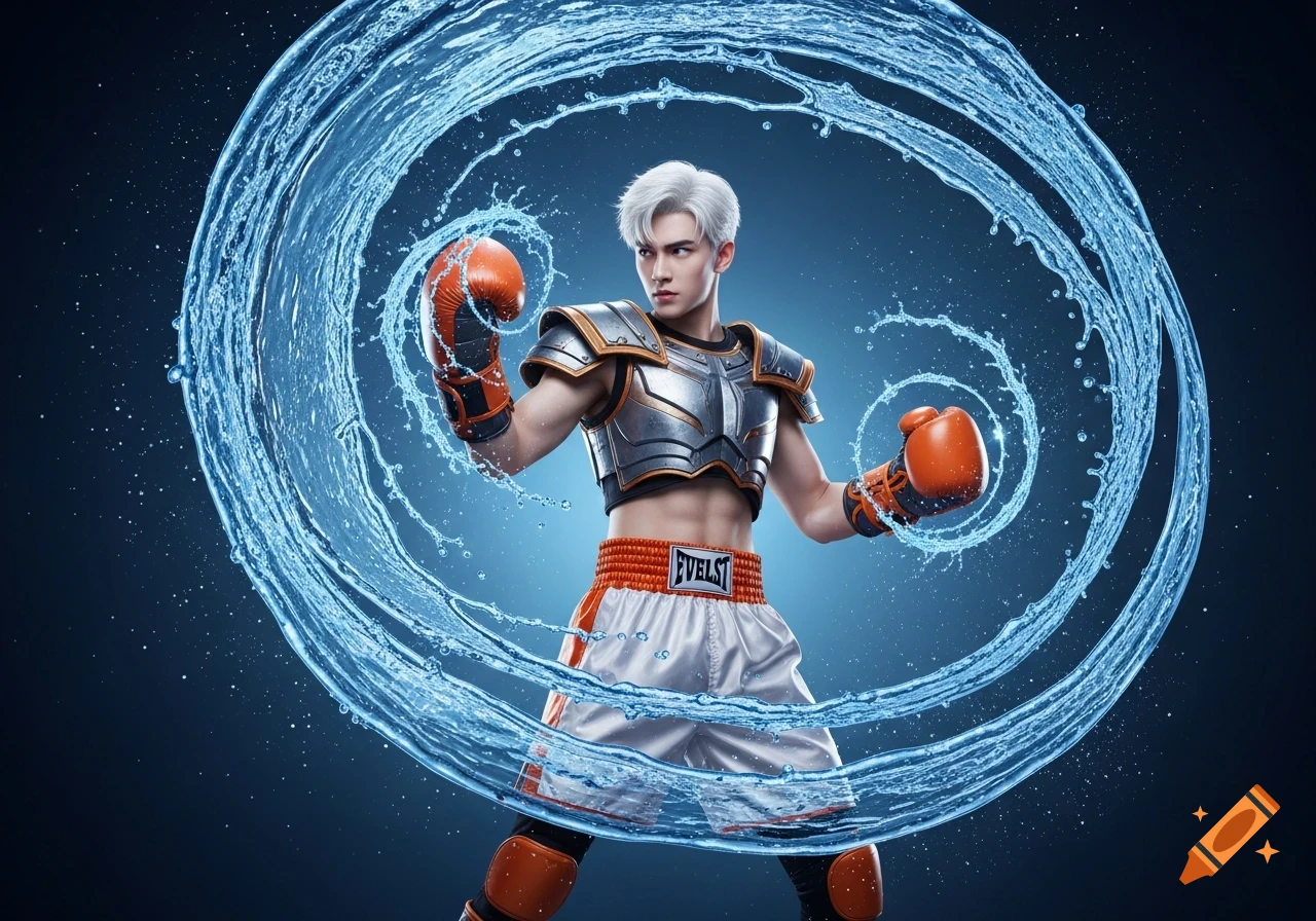 A confident young man with white hair, silver armor, and orange boxing gloves, surrounded by a swirling blue water aura in a photorealistic style.