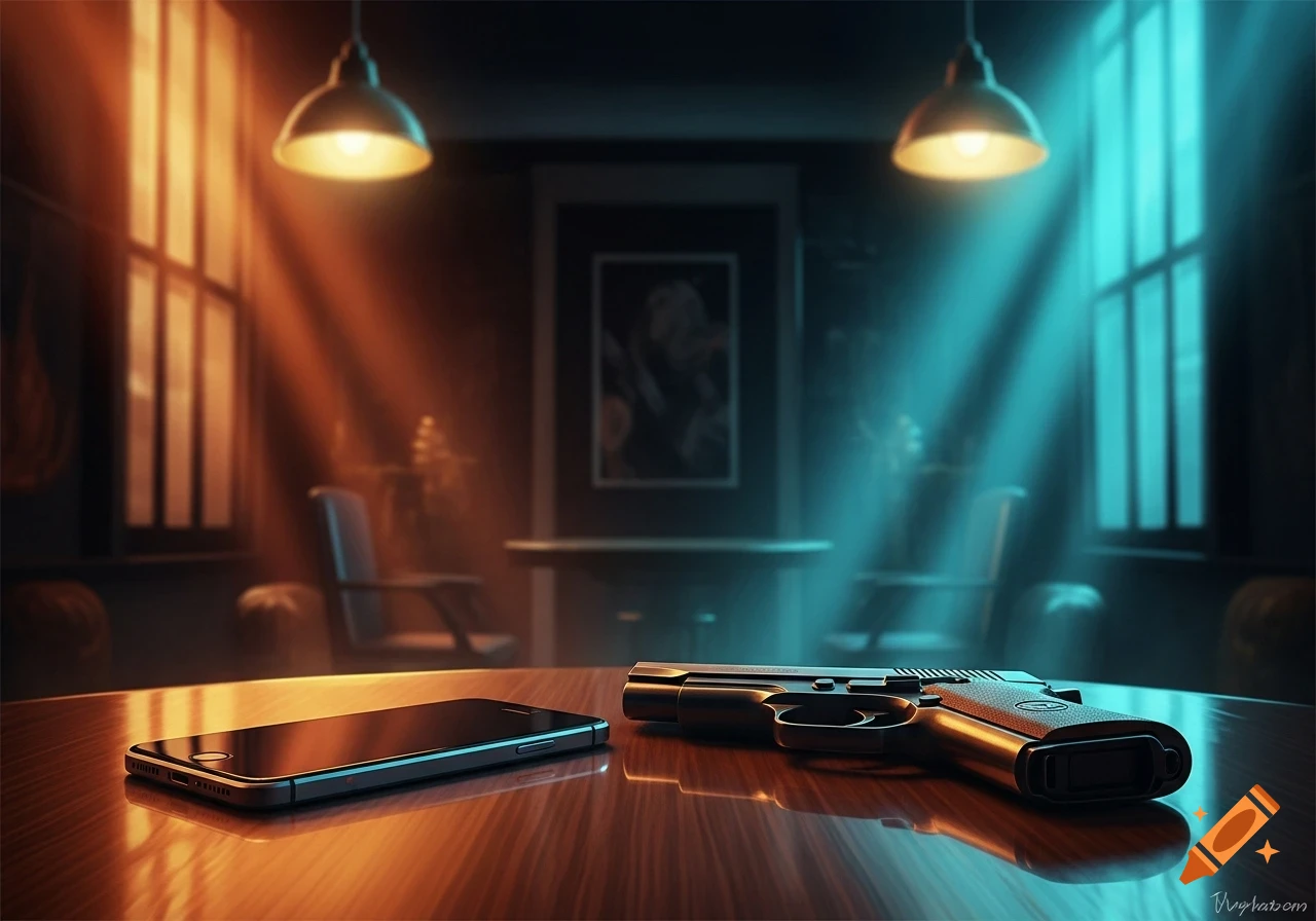 A pistol and a smartphone lie on a polished wooden table under dramatic warm and cool cinematic lighting.