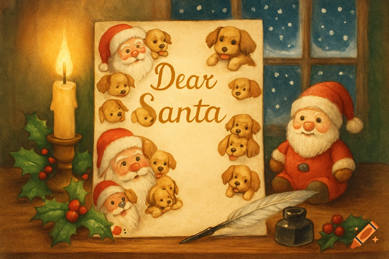 A festive illustration of a 'Dear Santa' letter surrounded by cute puppies and Santa faces, with a lit candle, holly, quill, and snowy window.