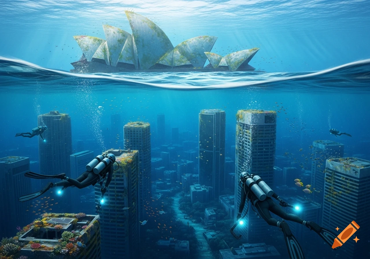 Divers explore a submerged Sydney cityscape with a partially visible, moss-covered Sydney Opera House above the water's surface.