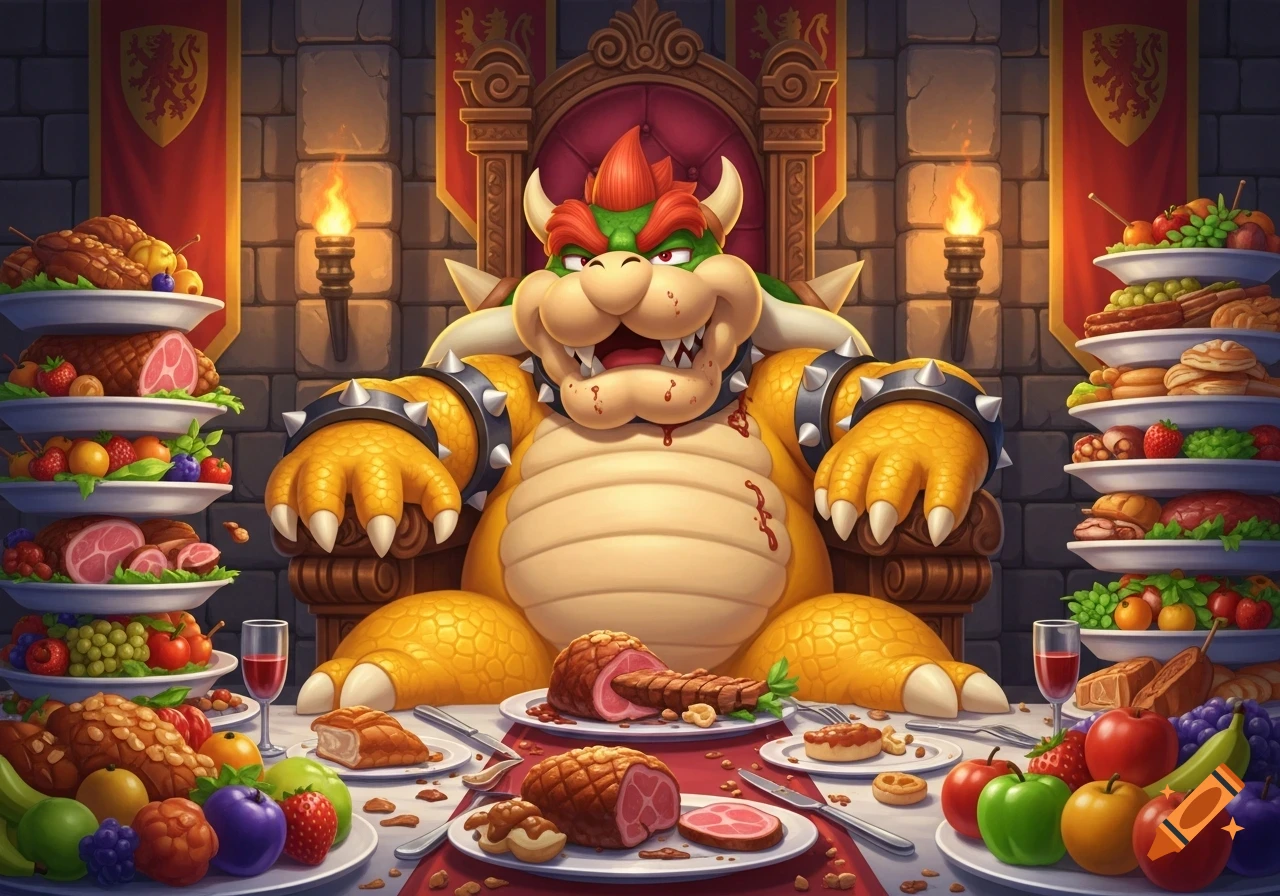 Cartoon Bowser sits on a throne at a feast table overflowing with meat and fruit in a castle hall, looking full.