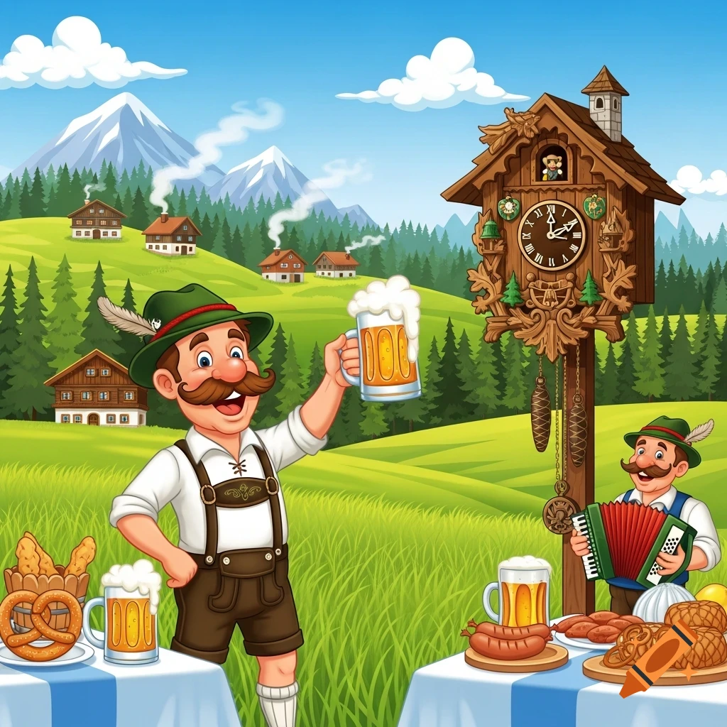 Cartoon men in lederhosen celebrate Oktoberfest in a lush mountain landscape with beer, pretzels, sausages, and a cuckoo clock.