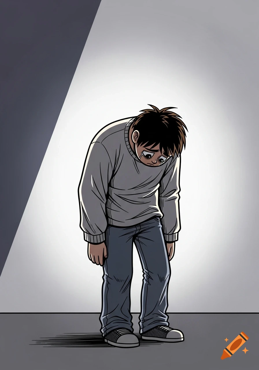 A crying, sad person with dark hair, wearing a gray sweater and blue jeans, stands with head and shoulders lowered in a comic style.