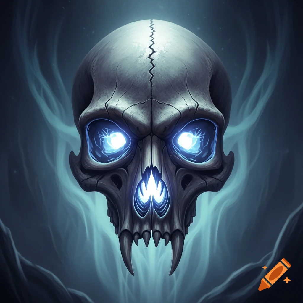 A stylized front-facing skull with glowing blue eyes and fangs, set against a smoky, dark background in a fantasy art style.