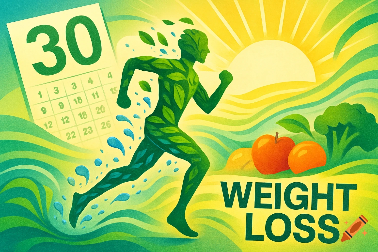 Stylized illustration of a leaf-covered runner with "WEIGHT LOSS" text, a "30" calendar, fruits, and broccoli under a bright sun.