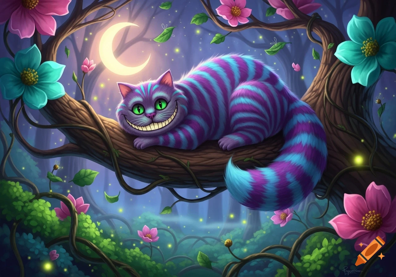 A vibrant, purple and blue striped Cheshire Cat with a wide grin rests on a tree branch in a whimsical fantasy forest at night.