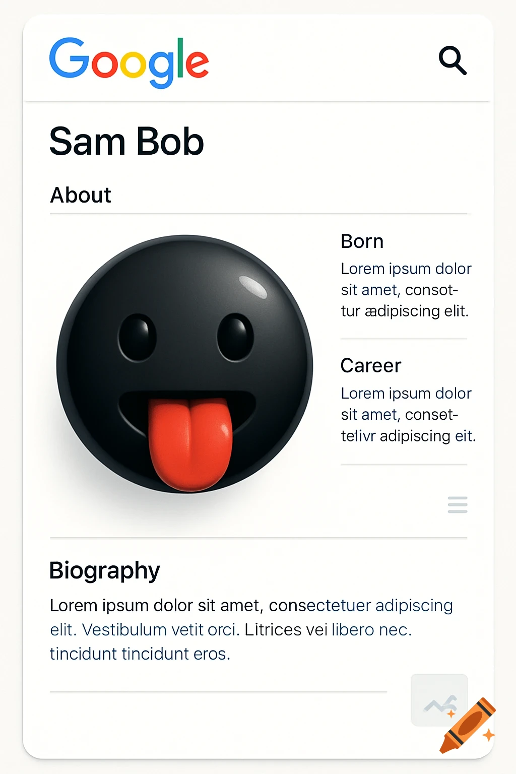 A Google biography page for Sam Bob, featuring a large black emoji face with wide eyes and a red tongue sticking out.