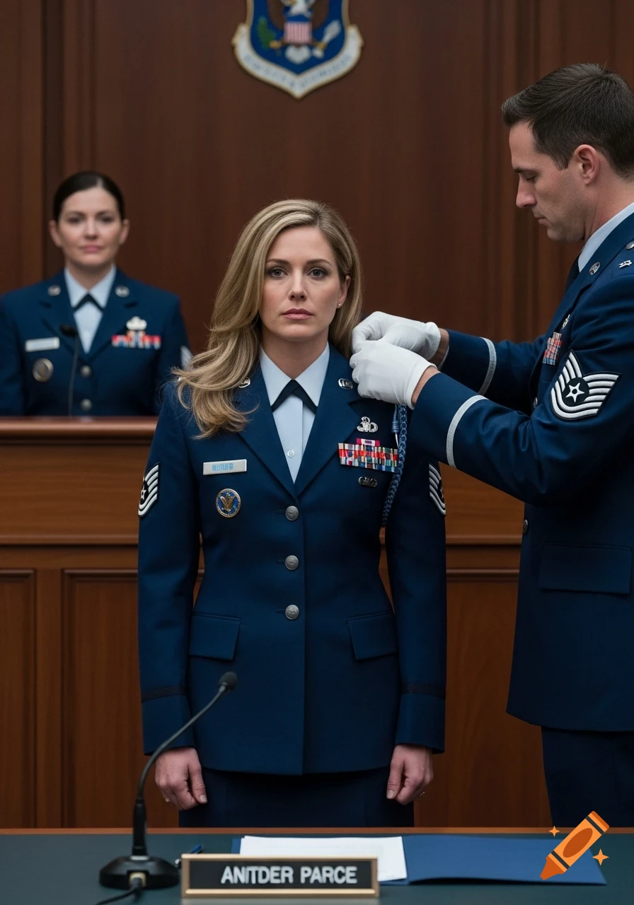 A serious blonde woman in a US Air Force uniform stands as a male officer in uniform adjusts her shoulder insignia, with another female officer in the background. A nameplate on a desk reads "ANITDER PARCE".