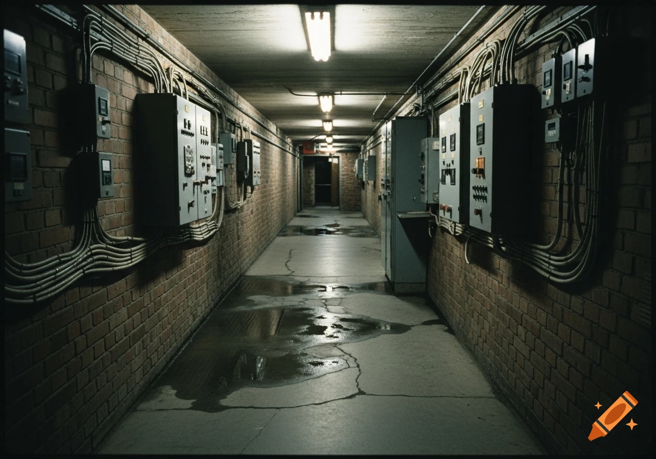 Dimly lit, long industrial hallway with brick walls, numerous control panels, exposed wiring, and wet, cracked concrete floor in an aged style.