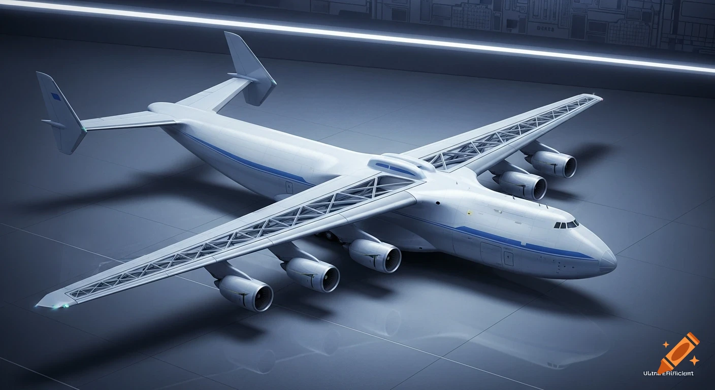 A futuristic white and blue cargo plane with unique truss-braced wings on a dark hangar floor, photorealistic style.