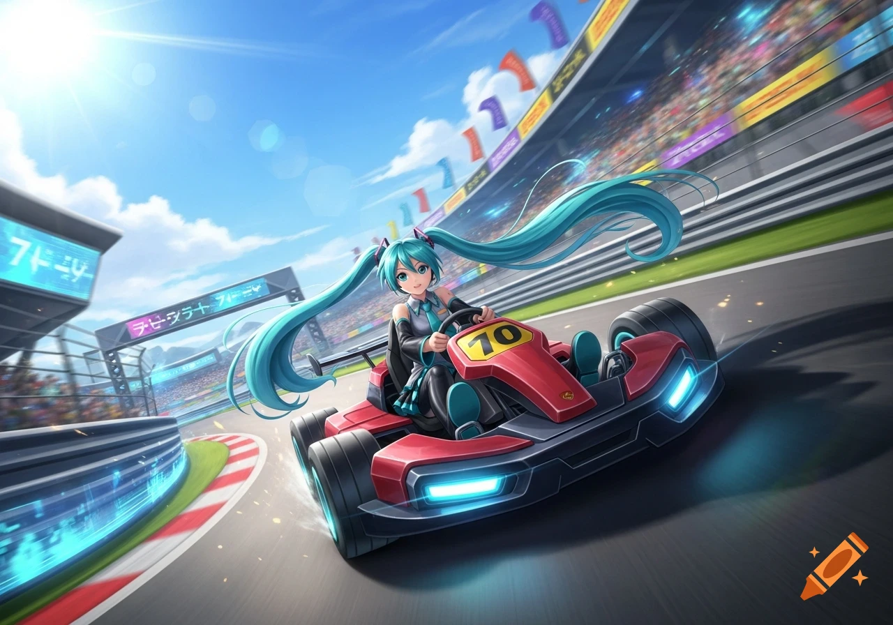 Hatsune Miku drives a red go-kart on a sunny race track with spectators and futuristic billboards.