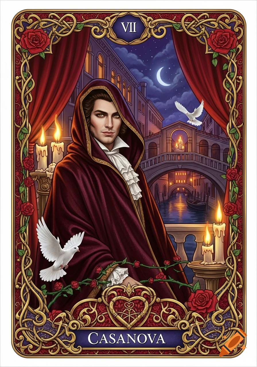 Casanova in a burgundy hooded cloak, doves, candles, and a Venetian canal at night, styled as a tarot card with 'VII' and 'Casanova' text.