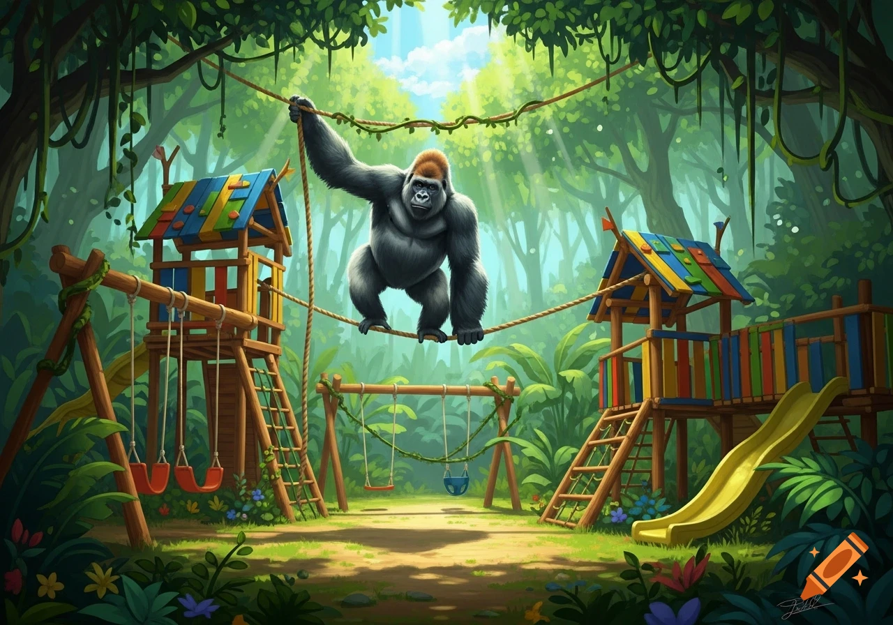 A vibrant illustration of a gorilla balancing on a rope between two colorful jungle playgrounds with slides and swings.