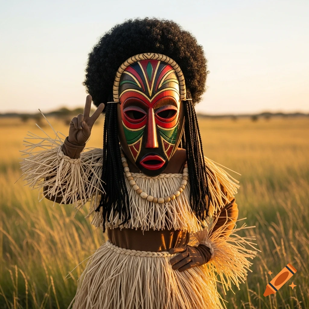 Person in colorful African mask, Afro hair, and raffia costume making a peace sign in a sunlit field.
