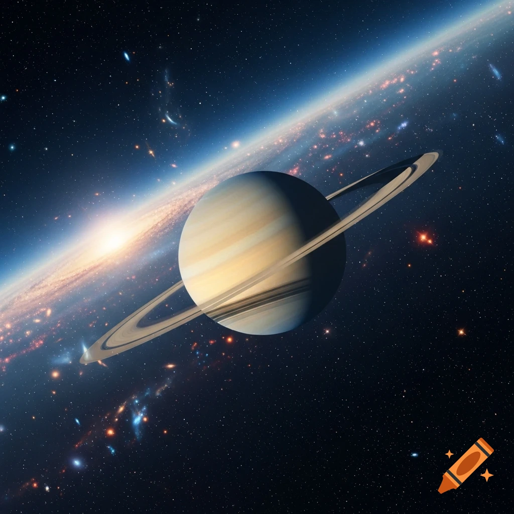 A vibrant, photorealistic image of Saturn and its rings set against a starry cosmic background with a bright galaxy.