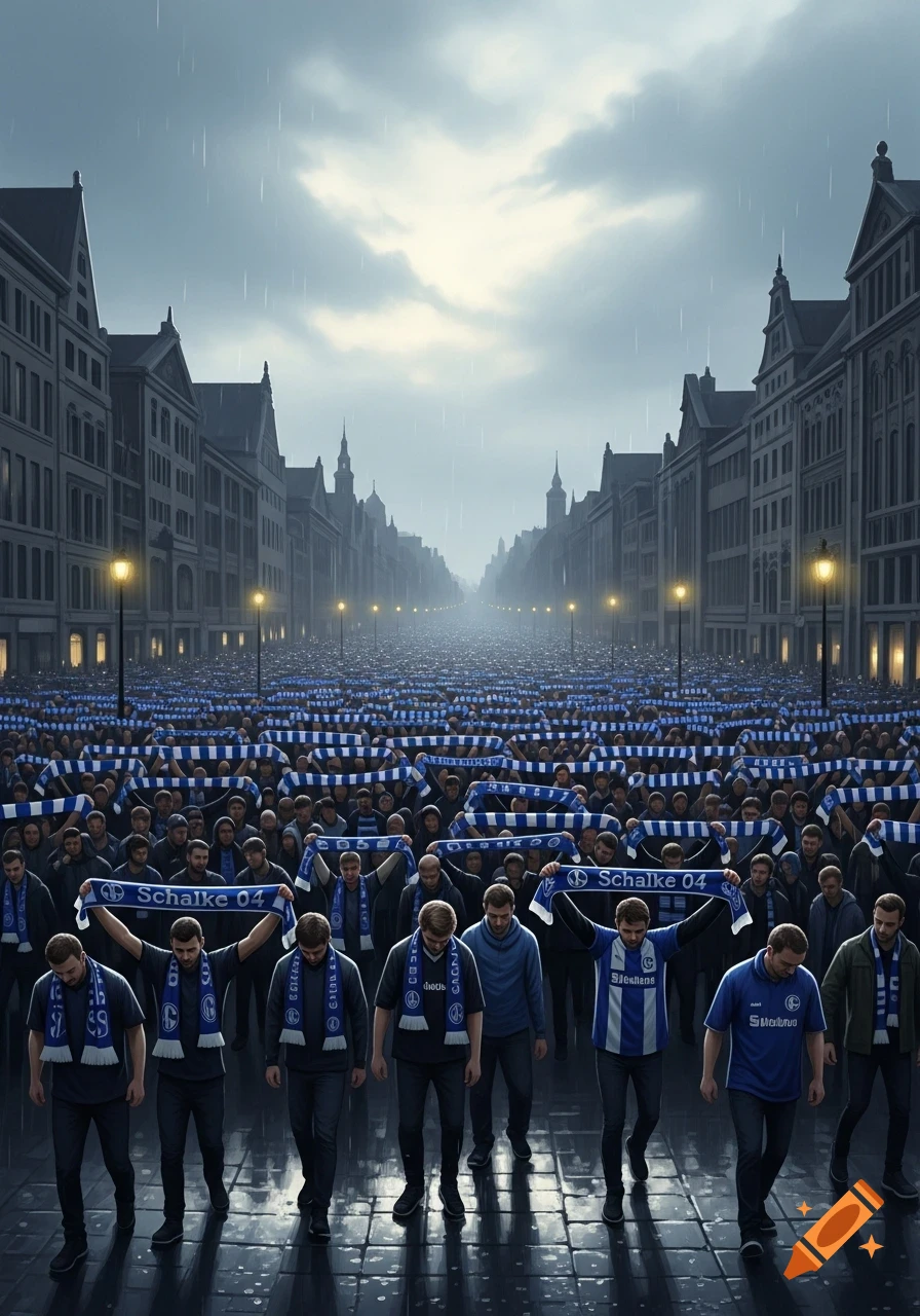 A massive crowd of sad Schalke 04 football fans walk down a rainy city street.