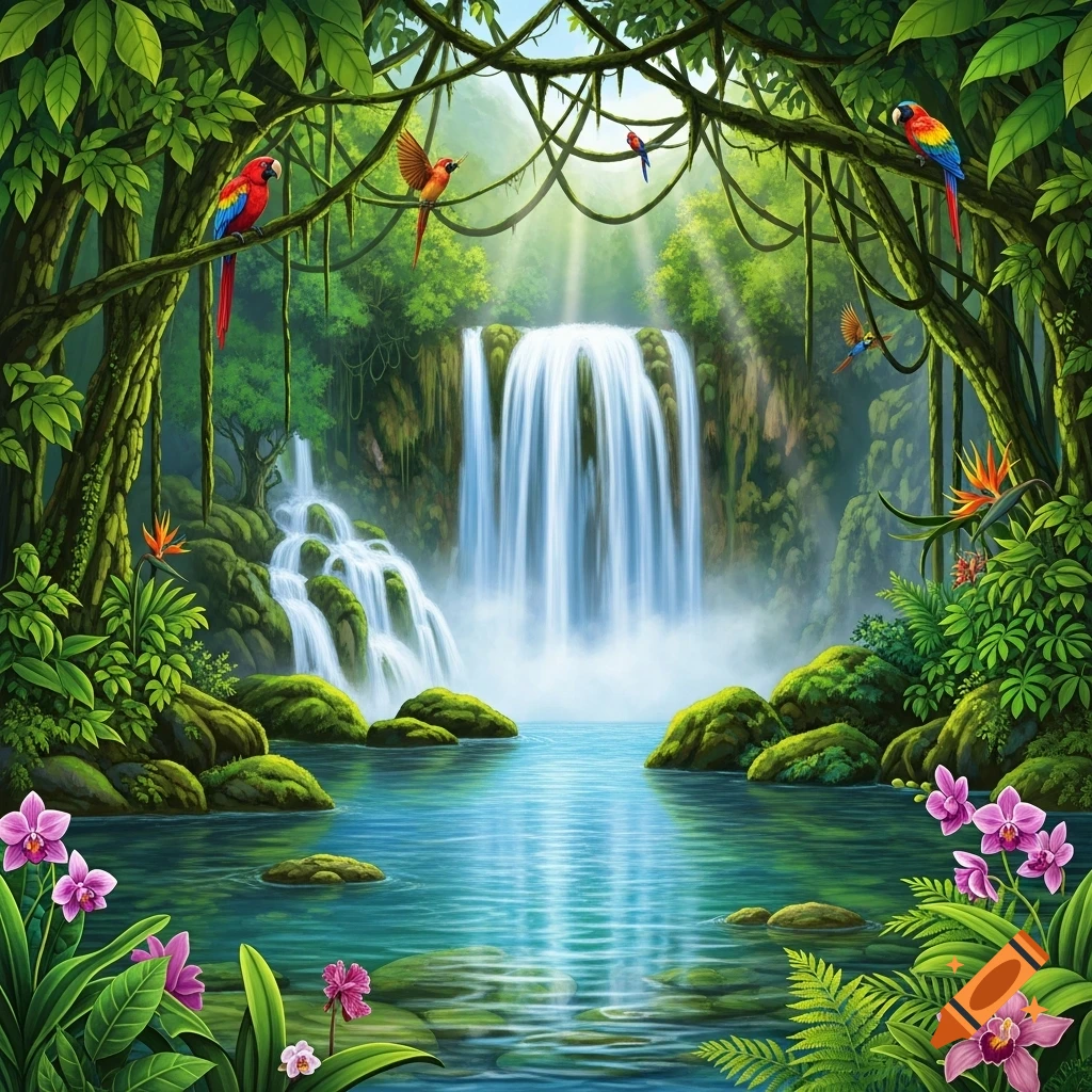 Lush illustration of a rainforest waterfall cascading into a blue lake with colorful parrots and tropical flowers.