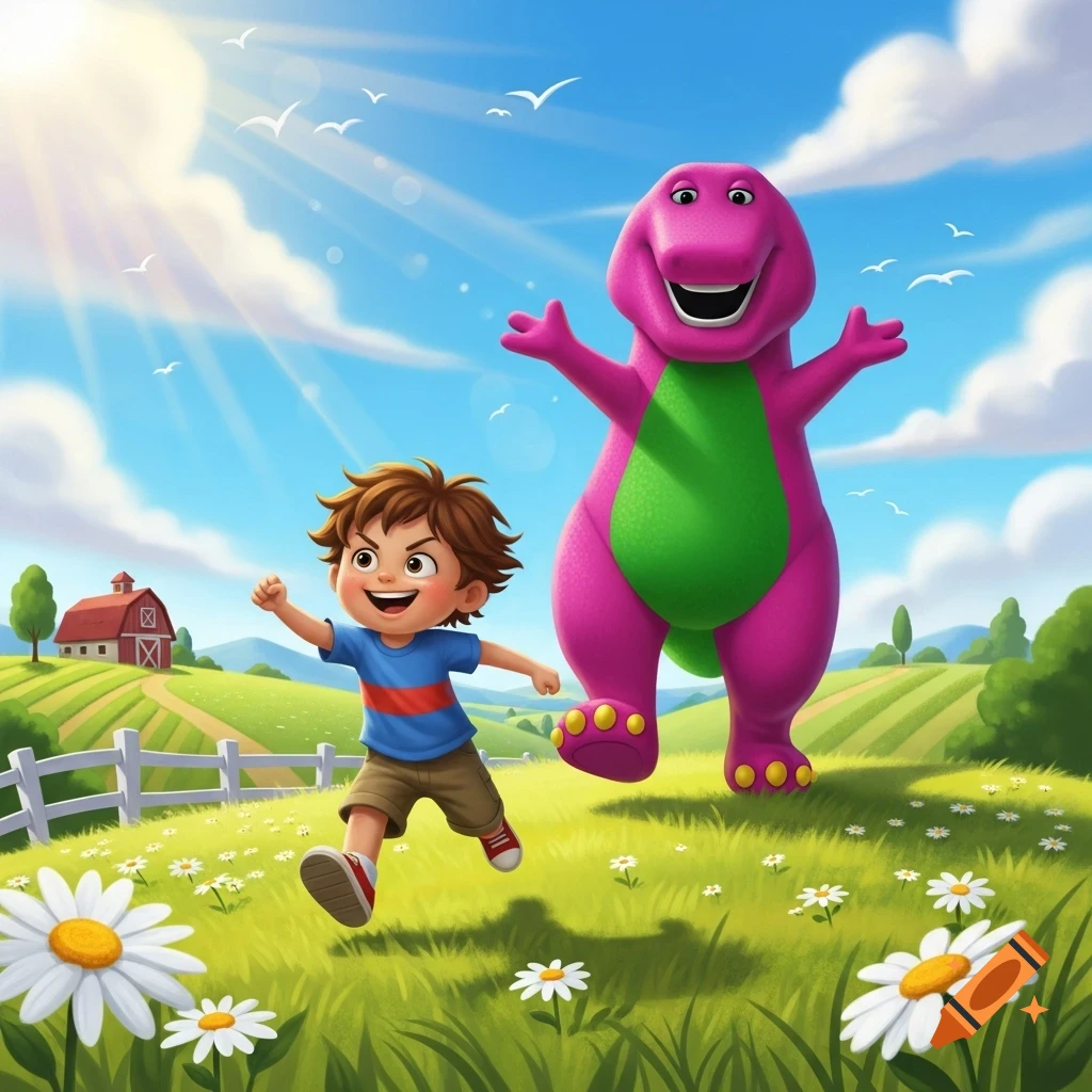 Happy cartoon boy running in a sunny daisy field, with Barney the dinosaur smiling behind him. A red barn is in the background.