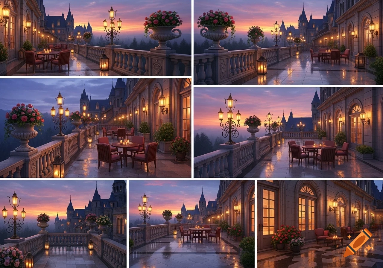 A collage of picturesque views of a grand castle terrace at sunset or dawn, featuring elegant tables, chairs, ornate lanterns, and potted flowers.