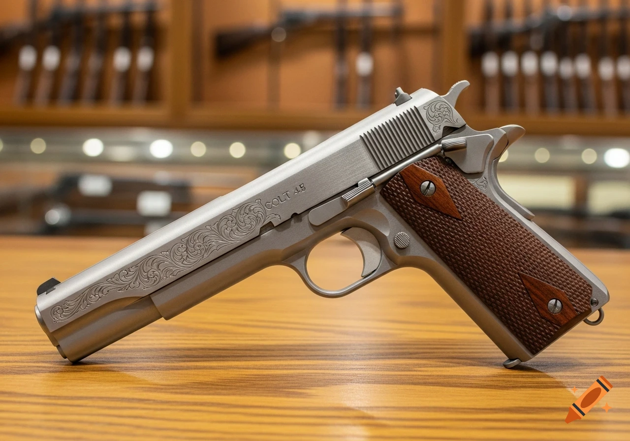 A close-up of a silver Colt .45 pistol with ornate engravings and brown wooden grips on a wooden surface, with blurred firearms in the background.