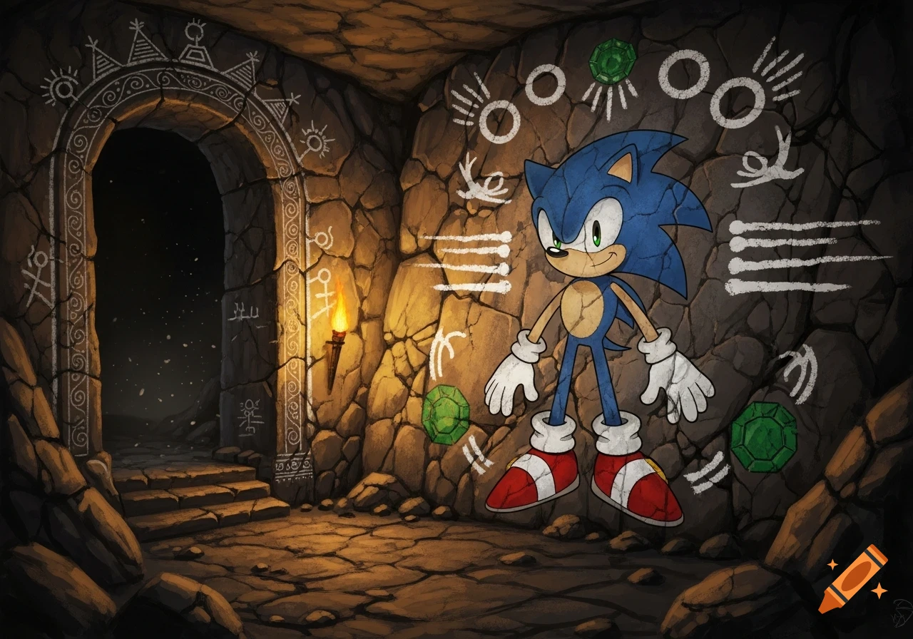Sonic the Hedgehog stands in a torch-lit ancient cave with glowing green emeralds and mysterious white cave paintings on the rocky walls.